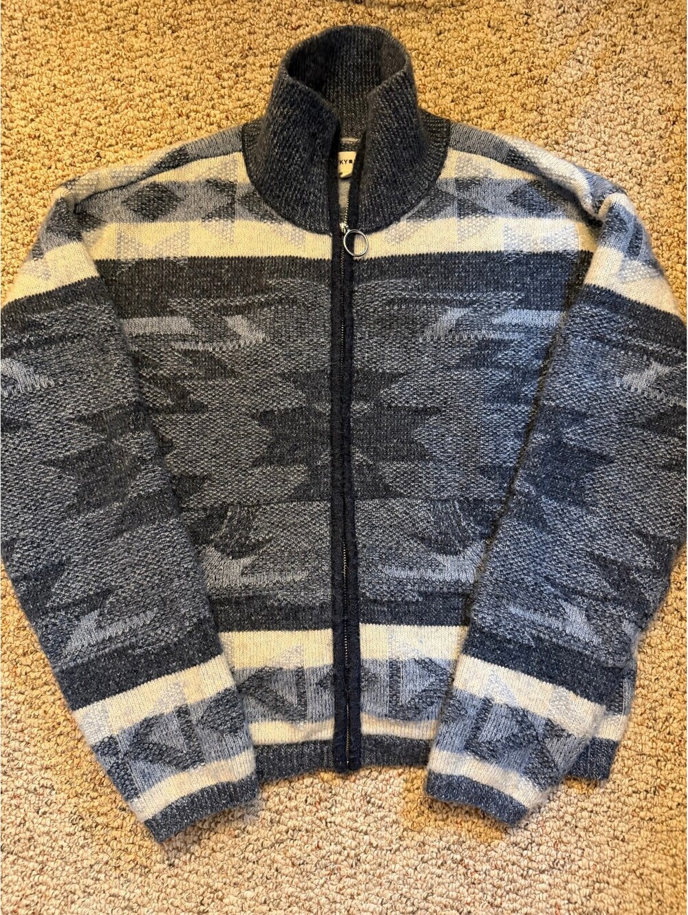 Lucky Brand navy/cream pattern full zip cardigan sweater